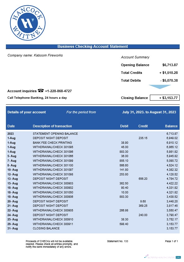 Hancock Whitney Bank business checking account statement Word and PDF template